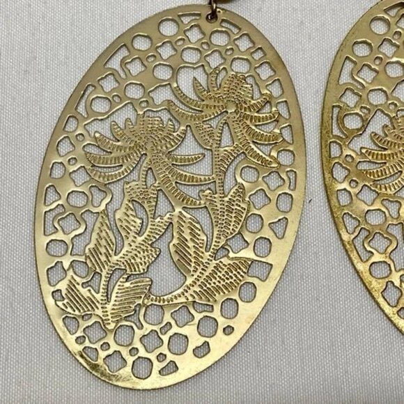Forever 21 Goldtone Oval Earrings Lace Lattice Etched Dangle Hook Boho NWOT - Picture 3 of 8